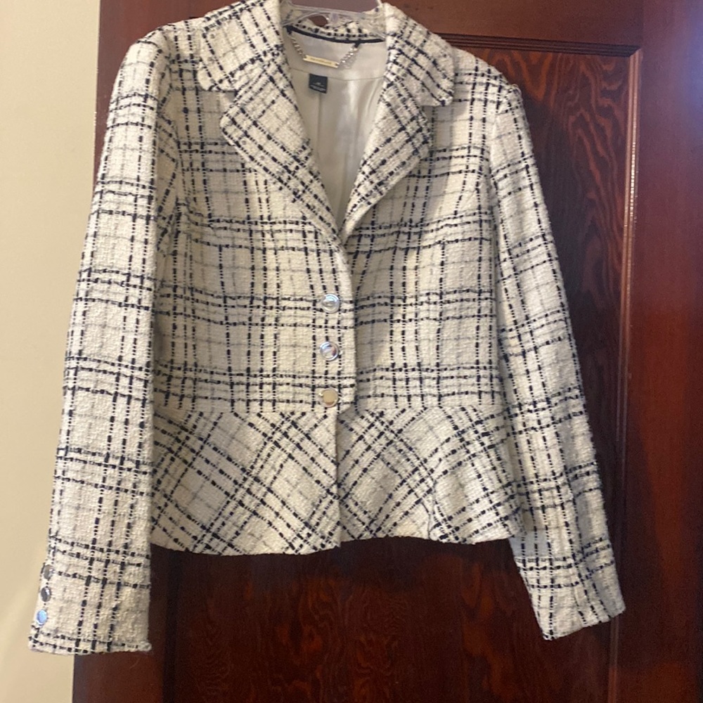 WHBM off white, black and grey striping, size 14 peplum blazer/jacket